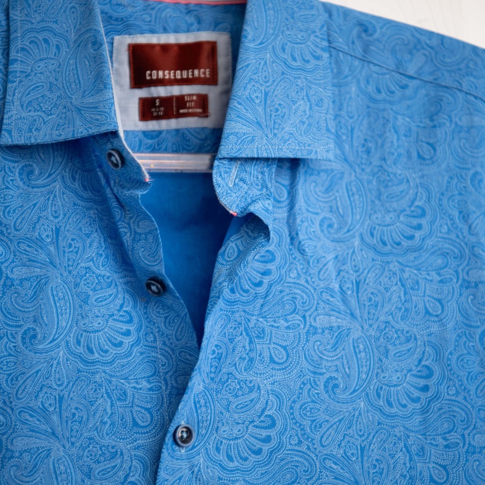 Consequence Men‎ S Blue Paisley Slim Fit Short Sleeve Shirt Abstract Pattern Top